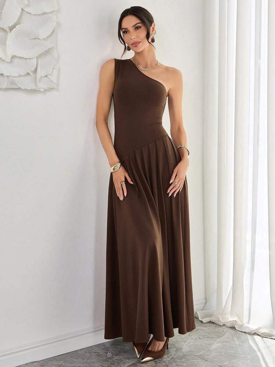 Brown Off-Shoulder Asymmetrical Long Dress, Fitted Top And Loose Bottom Design, Elegant For Formal Occasions Like Weddings - Brown - View 1