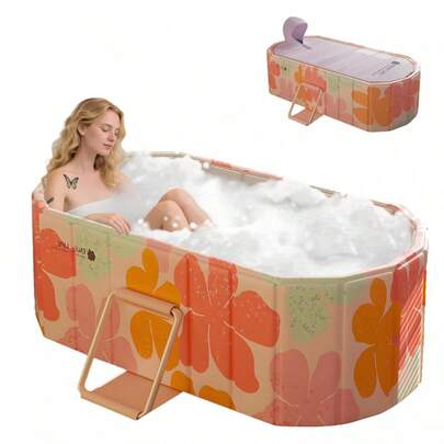 Bañera rosa independiente integrada con tapa, bañera plegable portátil para adultos, fácilmente plegable sin necesidad de inflarla, adecuada para viajes y espacios reducidos.