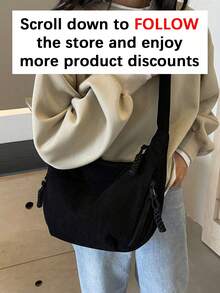 1pc Solid Color Corduroy Crescent Canvas Bag, Minimalist Lightweight Foldable Canvas Bag With Multi-Pockets, Zipper Closure Shoulder Bag, Suitable For Summer Casual, Commuting, Sports, College Style, Street Style And Travel - Black - View 3
