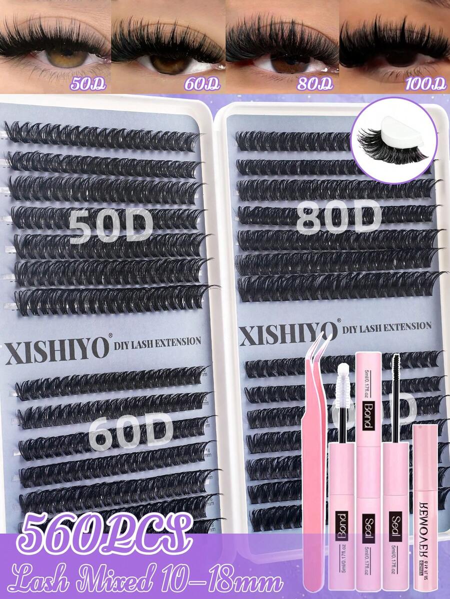 560pcs D-Curl Eyelash Extension Kit, Includes Eyelash Glue, Tweezers And Brush, 30D-100D Density Self-Adhesive Curled False Eyelashes, Natural Look, Reusable, Suitable For Daily Occasions And Women's Gifts, DIY Enlarging Eyes At Home! Eyelash Cluster Set, Eyelashes, False Eyelashes - Multicolor - View 1