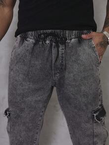 Men's Marbled Cargo Jeans, Wide Leg, Side Pocket, Streetwear - 煙灰色 - View 6