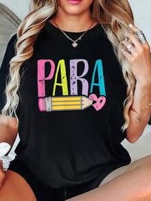 playeras de algodón mujer, Camisetas coloridas para profesores asistentes - Camisetas lindas con lápiz para profesores asistentes conjuntos de mujer tops - Negro - Ver 1