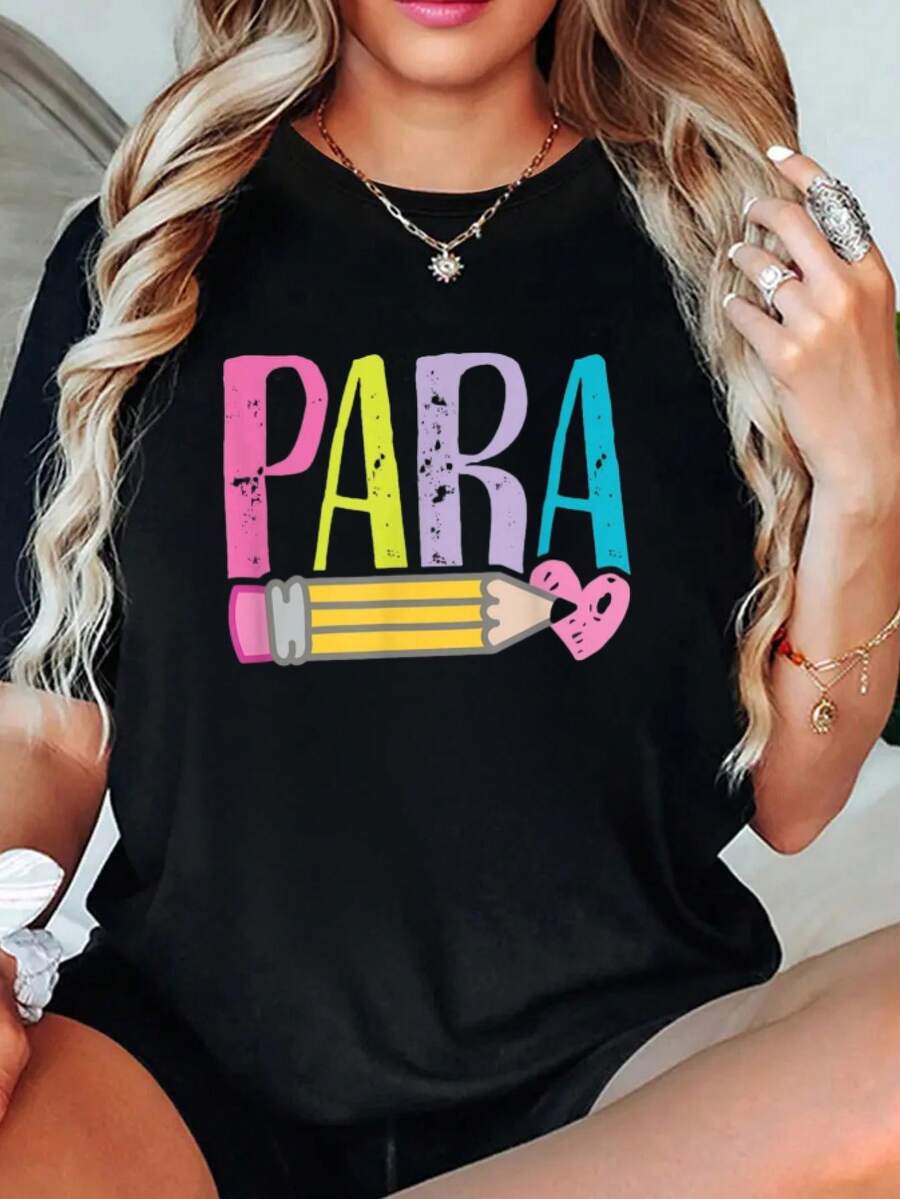 playeras de algodón mujer, Camisetas coloridas para profesores asistentes - Camisetas lindas con lápiz para profesores asistentes conjuntos de mujer tops - Negro - Ver 1