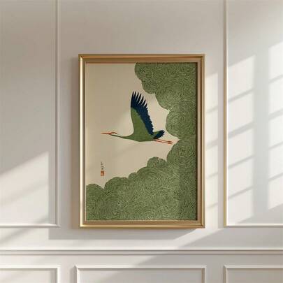 2pcs Unframed Japanese Crane In Swirling Cloud Skies, Wall Art, Wall Decoration, Canvas Print, Modern Minimalist Style Print, Living Room And Room Decoration, Bathroom Decoration, Ideal Gift