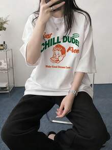 Japanese Style Women's Loose Round Neck Short Sleeve Letter & Cartoon Print T-Shirt, Spring/Summer - White - View 4