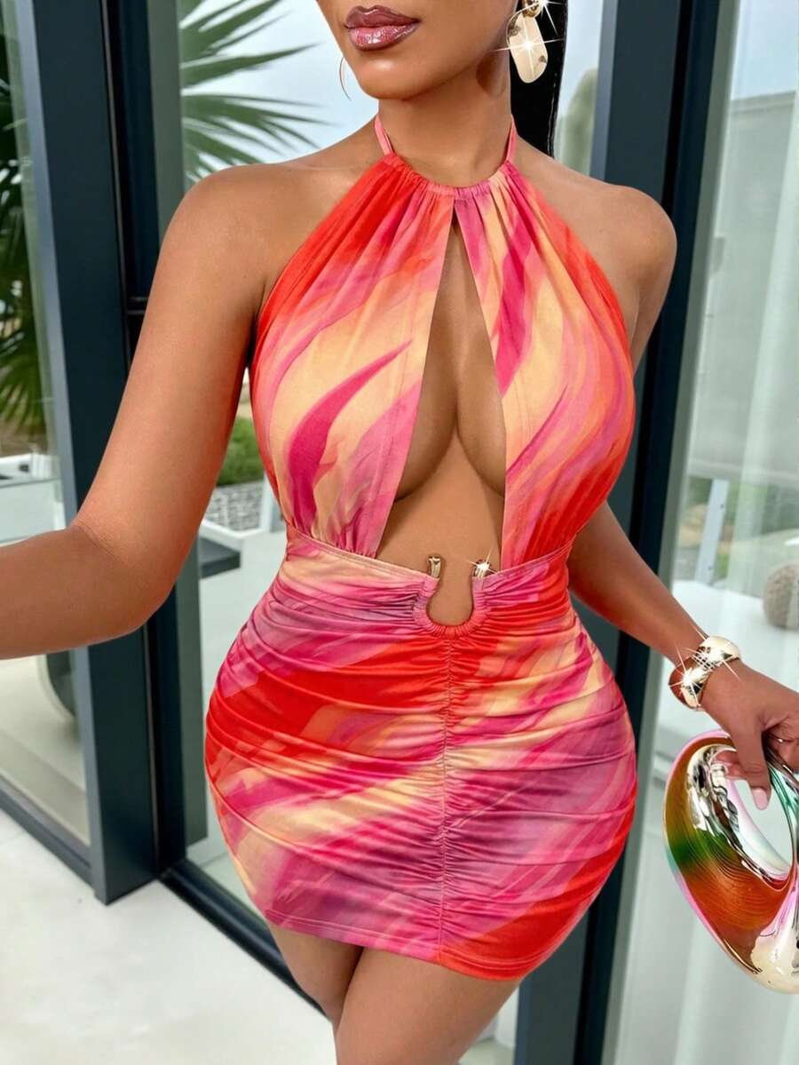 AIJ Vestido corto de verano para mujer Amarilo, con tirantes de espagueti, espalda descubierta, hebilla metálica, estampado vibrante, adecuado para la playa, citas y ocasiones al atardecer - Rosa anaranjado - Ver 1