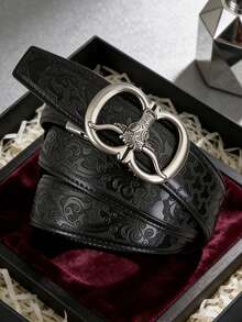 男士时尚重金属合金自动扣皮带，牛头图案皮带扣，高品质PU皮革，压印凤凰尾纹图案，适合日常佩戴，朋克休闲风，理想礼物 - 彩色 - 查看 15