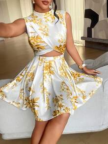 AIJ Amarilo Women'S White & Yellow Floral Print Cutout Mini Dress - Mock Neck Sleeveless Pleated Skirt, Sexy Beach Vacation Outfit, Summer - Yellow - View 1