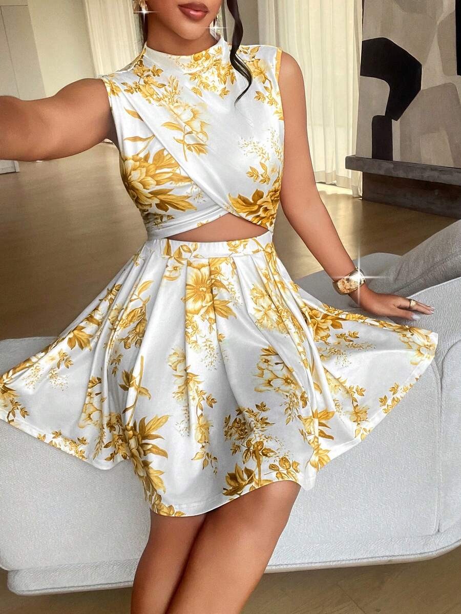 AIJ Amarilo Women'S White & Yellow Floral Print Cutout Mini Dress - Mock Neck Sleeveless Pleated Skirt, Sexy Beach Vacation Outfit, Summer - Yellow - View 1