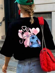 Disney Lilo & Stitch Angel & Stitch Couple Love Heart Graphic Oversized T-Shirt, Cute Stitch Tee For Women - màu đen - Xem 1
