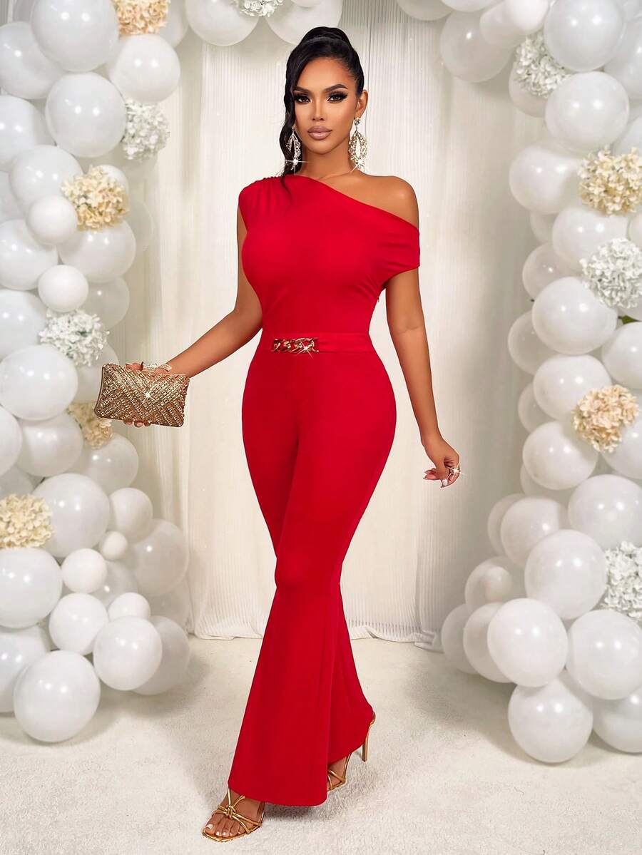 AIJ Amarilo Red Asymmetric Neckline Ruched Waist Chain Metal Buckle Fitted Flare Jumpsuit, Business Casual Women's Wear, Wedding Guest Jumpsuit, Casual Elegant, New Year Outfit, Music Festival Style, Spring/Summer New Arrival - Red - View 1