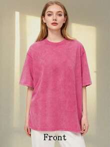 Women's Casual Cotton Round Neck Short Sleeve Drop Shoulder Longline T-Shirt - 玫紅色 - 查看 1