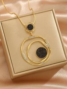1pc Elegant Geometric Double Circle Pendant Necklace, Gold Tone Snake Chain Long Sweater Necklace For Women Daily Party Decor - Gold - View 4