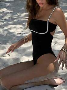 Novo Maiô Elegante de Praia, Casual e Sexy, com Contraste de Cores, Alta Elasticidade, para Férias, Encontros e Festas - Preto - Visão 7