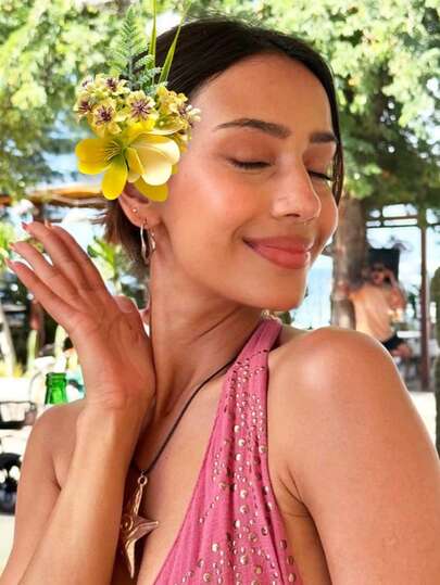 1 pieza/6 piezas Pinzas para el cabello con flores hawaianas de plástico ABS brillante, accesorios para el cabello con flores de tela sintética, estilo de vacaciones en la playa Pinza lateral con flor diadema para mujeres