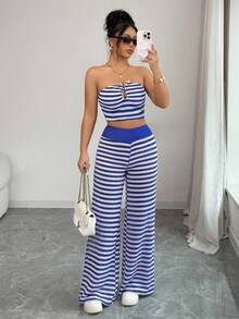 Women's Blue Striped Elegant Casual Sexy Strapless Bandeau Notch Neck Crop Top High Waisted Wide Leg Pants Two Pieces Set Summer Spring Beach Vacation Spring Break Co-Ord Sets - Blue - View 7