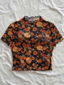 女士立领上衣，通体花卉印花，雏菊荷叶边装饰，轻薄沙滩度假风 - 黑色 - 查看 2