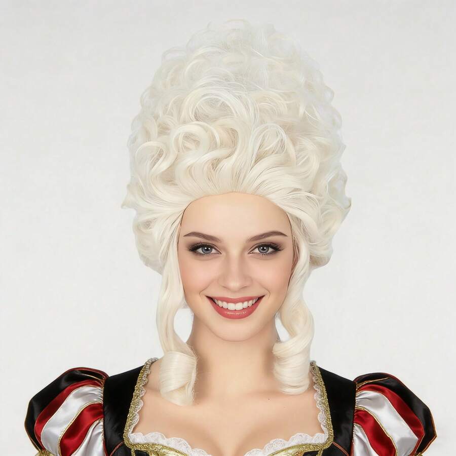 Women's Short Golden Curly Beehive Wig With Bangs, 18th Century Colonial Era Lady Role Play Wig, Party Costume Wig, Fluffy Curly Wavy Updo Wig, Colonial Era Princess Wig, 18th Century Queen Wig, Fluffy High-Temperature Resistant Synthetic Fiber Wig, Fluffy Large Curl Golden Wig - Gold - View 1