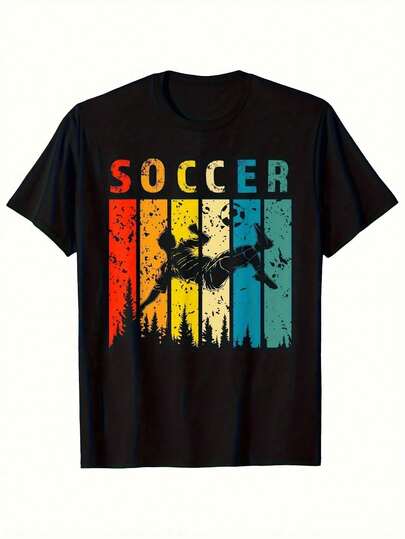 Camiseta de Fútbol para Hombre - 100% Algodón Transpirable con Texto SOCCER en Negrita y Siluetas de Jugadores - Colores de Equipo Rojo, Azul y Amarillo - Ligera para Entrenamiento y Día de Partido, Ideal para Jugadores, Aficionados y Casual