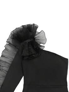 纯色层叠蕾丝边修身长裙，优雅适合生日派对、婚礼等春季场合，黑色 - 黑色 - 查看 5