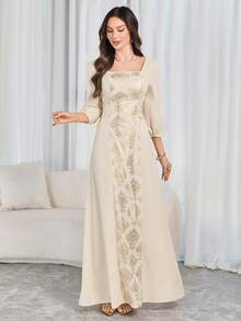 Women's Elegant Gold Foil Trim Dress - With Drawstring Waist And Puff Sleeves, Minimalist And Fashionable, Ideal For Middle Eastern New Year Celebrations And Everyday Wear - Apricot - View 4