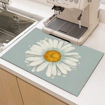 1pc Daisy Print Absorbent Mat/Drying Mat For Coffee Maker, Tableware - Polyester Absorbent Desktop Protective Mat With Rubber Anti-Slip Pad, For Kitchen Counter Decor, Home Bar And Dining Table
