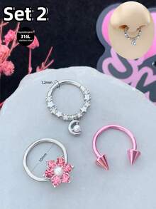 Bộ 3 khuyên mũi kiểu Y2K 16G hình bướm, trái tim, mặt trăng, sao, khuyên môi, chất liệu thép không gỉ, phù hợp cho xỏ mũi, dái tai, sụn tai, thích hợp cho tiệc tùng, ngày Valentine và đeo hàng ngày. - Hồng - Xem 5