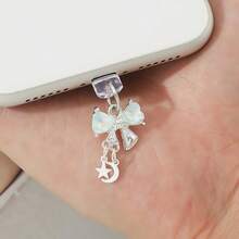Cute Bow Phone Charm Dust Plug - Silver Metal Base With Colorful Star & Bowknot Design, Anti-Dust Phone Charging Port Pendant, Aesthetic Phone Accessory For Girls - Multicolor - View 7