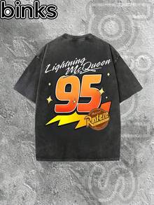 Disney Binks (Double-Sided Printing): Cars Flash McQueen Retro Element Cartoon Printed Retro Washed Short Sleeved T-Shirt, High Street Fashion Brand Loose Retro Washed Short Sleeved T-Shirt. Spring And Summer Fashionable Versatile Top, Holiday Gift, Vintage Print. - màu đen - Xem 3