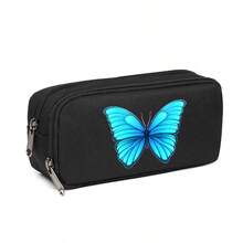 美丽的浅蓝色蝴蝶图案大容量铅笔盒，便携式文具包，旅行洗漱包，铅笔筒，马克笔和钢笔收纳盒，化妆包，办公桌收纳包，可水洗文具礼盒套装，返校必备办公用品 - 多色 - 查看 10