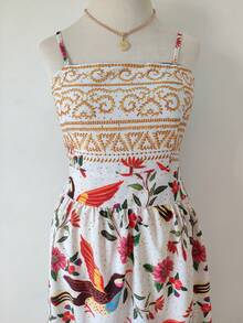 Women's Long Printed Dress With Built-In Bra Cups, Crepe Fabric. - Beis - Ver 2
