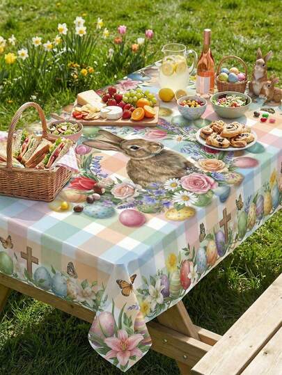 1pc-Pastel Plaid Easter Tablecloth With Bunny, Eggs & Cross Prints – Vibrant Floral Design For Outdoor Picnics, Indoor Dining & Living Room Decor | Fabric Perfect For Easter Celebrations, Family Meals & Spring Gatherings