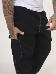 Men's Cargo Jeans, Comfortable Oversized Casual Fit With 6 Pockets, Skate Style - Hitam dan Putih - View 4