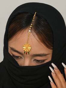 1 pieza Tocado de cadena para el cabello con circonita sintética estilo retro, adecuado para mujeres en fiestas, actuaciones y uso en el escenario - Dorado - Ver 5