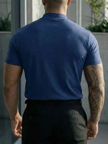 Camiseta de cuello alto de manga corta de unicolor versátil y casual para hombres, primavera/verano - Azul Marino - Ver 2