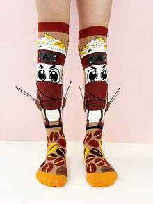 儿童过膝袜一双，可爱咖啡杯图案搭配3D武士刀装饰，趣味十足，四季皆宜，是节日礼物、儿童派对、情人节、复活节、假日、户外活动和日常穿着的理想之选。 - 咖啡棕 - 查看 5