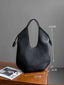 Casual Minimalist Large-Capacity Tote Bag, Retro Slouchy Drawstring Shoulder Bag, Multifunctional Premium Office Pleated Shopping Bag - Black - View 6