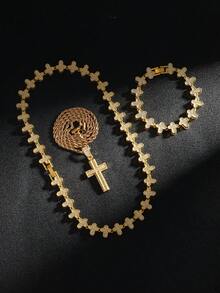 Fully Rhinestone Cross Pendant Necklace - Metal Chain Hiphop Necklace, Luxury Fashion Personalized Accessory - Gold - View 1