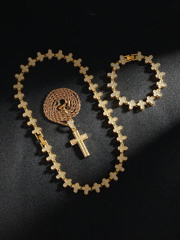 Fully Rhinestone Cross Pendant Necklace - Metal Chain Hiphop Necklace, Luxury Fashion Personalized Accessory