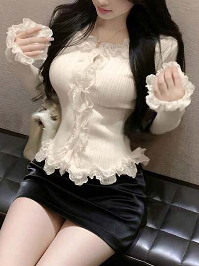 レース トリム 長袖 フィットカーディガン セーター、秋冬向け、可愛らしいスタイル、デイリーウェアやデートに最適、長袖トップス