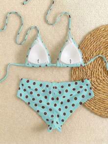 新款性感波点印花三件式露背蝴蝶结比基尼泳衣，夏季沙滩派对女士泳装 - 薄荷藍 - 查看 7