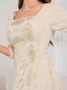 Women's Elegant Gold Foil Trim Dress - With Drawstring Waist And Puff Sleeves, Minimalist And Fashionable, Ideal For Middle Eastern New Year Celebrations And Everyday Wear - Apricot - View 9