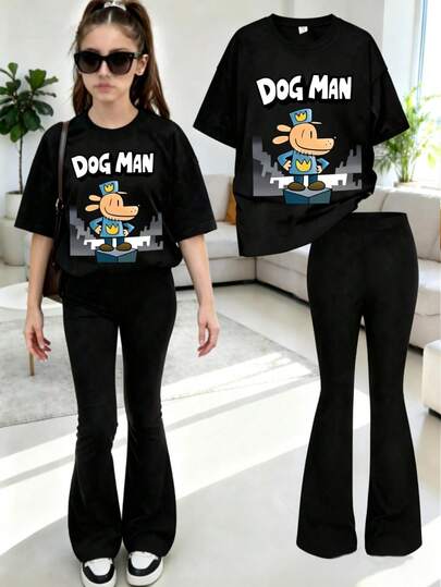 This Casual Set Features A Unique Animal Print Design, Specially Tailored For Young Girls. The Set Includes A Short Sleeve Round Neck T-Shirt And Mid-Waist Flare Pants.