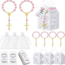 100件/套粉色洗礼礼品套装，包含迷你念珠十字架盒、白色欧根纱袋、感谢卡、洗礼用品、婚礼宾客礼品 - 彩色 - 查看 2