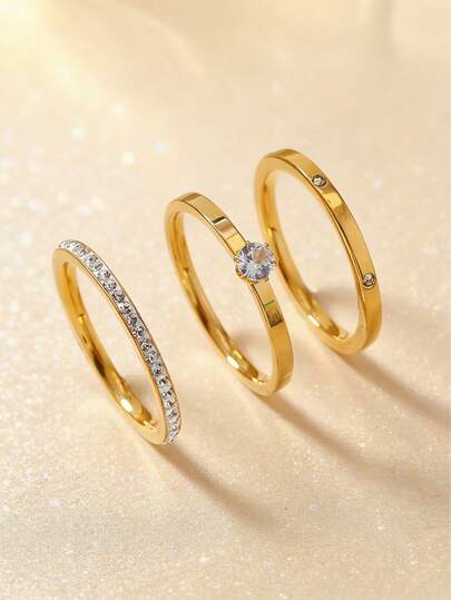 Juego de 3 anillos chapados en oro de 18K de acero inoxidable con diamantes de cerámica y circonita cúbica, de lujo versátil, se pueden usar apilados o por separado, adecuados para la decoración diaria de la mujer o como regalo, parejas, compromiso