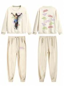 2pcs Men Solid Color Crew Neck Long Sleeve Sweatshirt And Jesus Design Decorated Long Pants Set, Autumn - Màu be - Xem 3