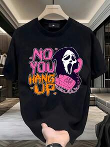 Camiseta NO YOU HANG UP, Ghostface, Estampado Colorido, Estilo Juvenil,  Viral, para Citas, Días Casuales, Fanáticos de Frases de Películas, Jóvenes, Camiseta de Hombre,playera de hombre,ropa de hombre,tops,regalos para hombre,nacional envio,oversize hombre. - Negro - Ver 1