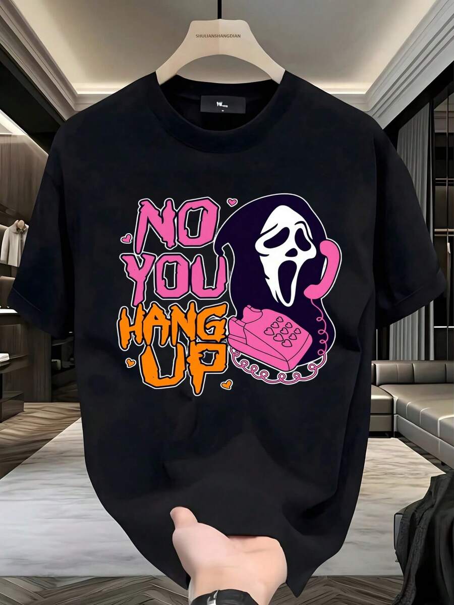 Camiseta NO YOU HANG UP, Ghostface, Estampado Colorido, Estilo Juvenil,  Viral, para Citas, Días Casuales, Fanáticos de Frases de Películas, Jóvenes, Camiseta de Hombre,playera de hombre,ropa de hombre,tops,regalos para hombre,nacional envio,oversize hombre. - Negro - Ver 1