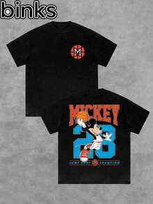 Disney Binks (Double-Sided Printing): Mickey Mouse, Basketball Size 28 Cartoon Printed Short Sleeved T-Shirt, A Fashionable And Loose Short Sleeved Street T-Shirt. Spring And Summer Fashionable Versatile Tops, Holiday Gifts, Vintage Prints. - màu đen - Xem 3