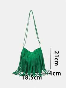 新款复古麂皮纯色流苏女士个性化手机包，港式西式单肩/斜挎包，百搭简约休闲通勤旅行购物日常轻便包 - 綠色 - 查看 3